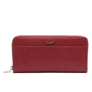 GRAND PROTEFEUILLE ZIPPÉ EN CUIR PIQUÉ LACOSTE CHANTACO CRANBERRY NF3885KL 398 www.solene-maroquinerie.fr