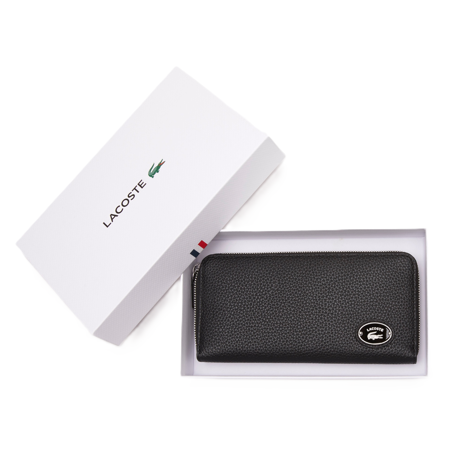 PORTEFEUILLE ZIPPÉ EN CUIR GRAINÉ AVEC PLAQUE MÉTALLIQUE LACOSTE NOIR NF3937GZ 000 www.solene-maroquinerie.fr 3