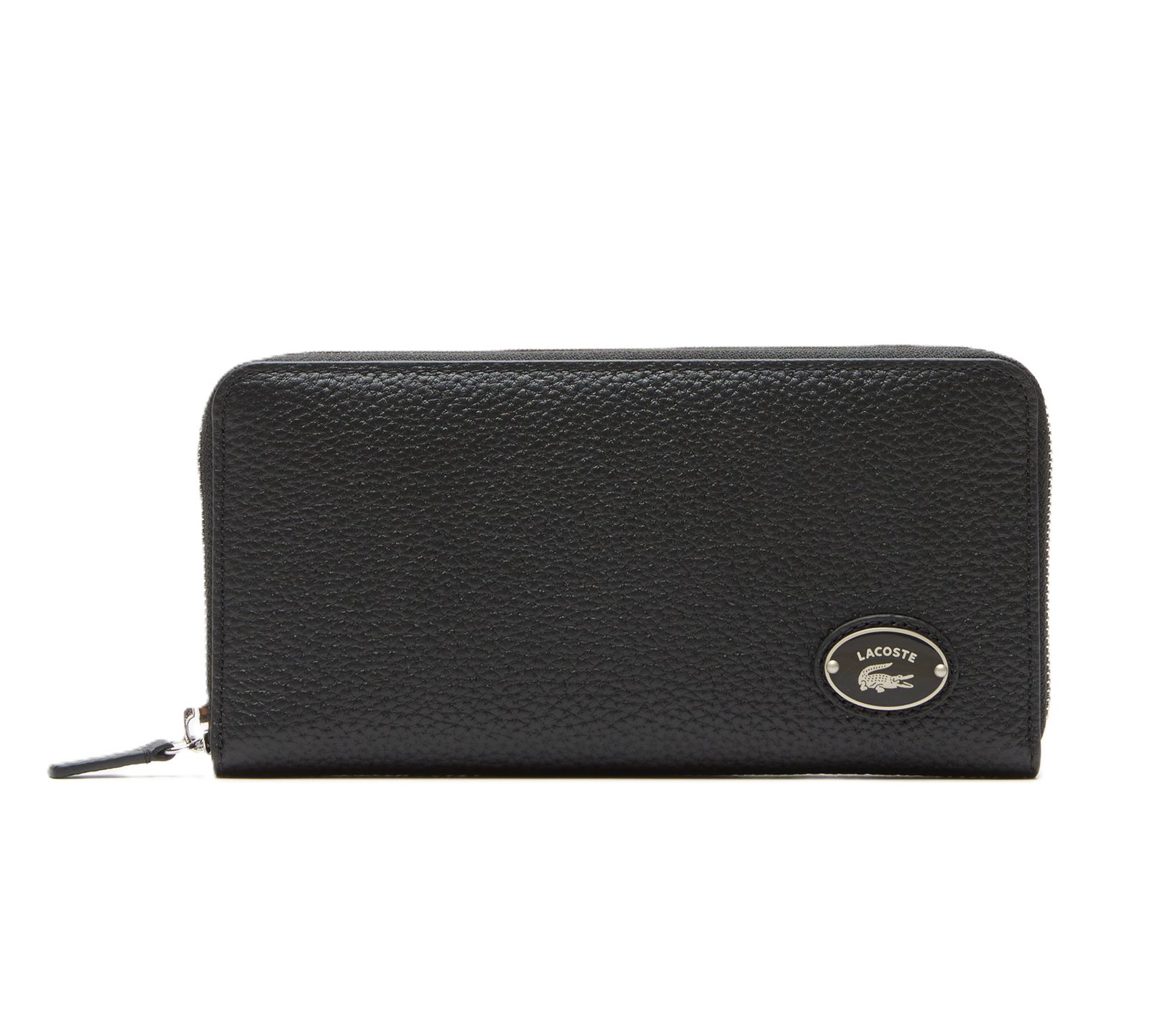PORTEFEUILLE ZIPPÉ EN CUIR GRAINÉ AVEC PLAQUE MÉTALLIQUE LACOSTE NOIR NF3937GZ 000 www.solene-maroquinerie.fr