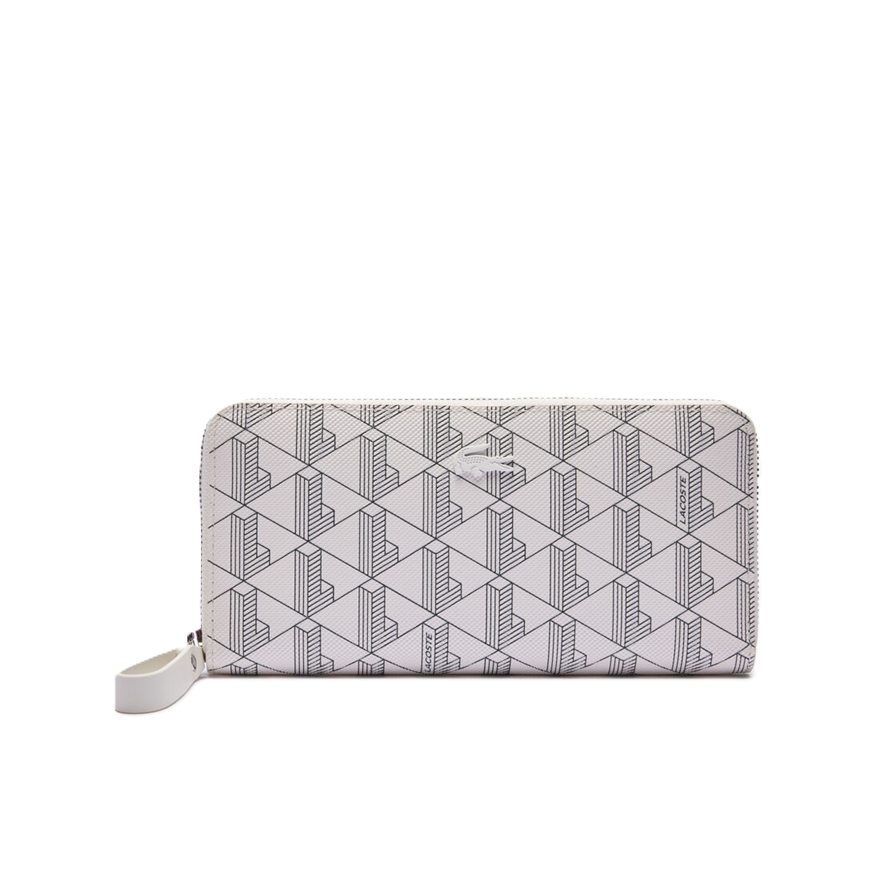 PORTEFEUILLE ZIPPÉ IMPRIMÉ LACOSTE MONOGRAMME FARINE ABIMES NF3958DG N06 www.solene-maroquinerie.fr