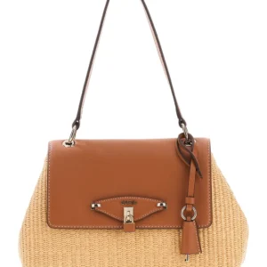 GUESS MAGGIE STRAW FLAP SHOULDER BAG - NATURAL/CARAMEL